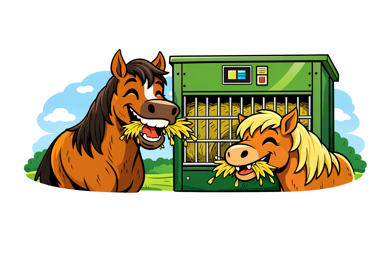 Comic Bild von einem Pferd und einem Pony vor einem Heufutterautomaten